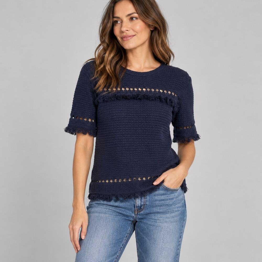 J.Crew Women’s Navy Crochet Knit Fringe Top Size M 100% Cotton Short Sleeve